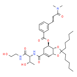ChemSpider 2D Image | (3aS,4R,7aR)-6-({(2R,3S)-3-Hydroxy-1-[(2-hydroxyethyl)amino]-1-oxo-2-butanyl}carbamoyl)-2,2-dipentyl-3a,4,5,7a-tetrahydro-1,3-benzodioxol-4-yl 3-[3-(dimethylamino)-3-oxo-1-propen-1-yl]benzoate | C36H53N3O9