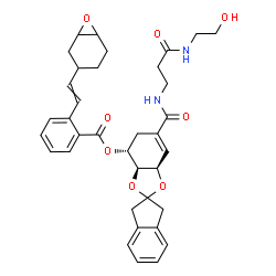 ChemSpider 2D Image | (3aS,4R,7aR)-6-({3-[(2-Hydroxyethyl)amino]-3-oxopropyl}carbamoyl)-1',3',3a,4,5,7a-hexahydrospiro[1,3-benzodioxole-2,2'-inden]-4-yl 2-[2-(7-oxabicyclo[4.1.0]hept-3-yl)vinyl]benzoate | C36H40N2O8
