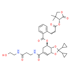 ChemSpider 2D Image | (3aS,4R,7aR)-2,2-Dicyclopropyl-6-({3-[(2-hydroxyethyl)amino]-3-oxopropyl}carbamoyl)-3a,4,5,7a-tetrahydro-1,3-benzodioxol-4-yl 2-(3-{[(3R)-4,4-dimethyl-2-oxotetrahydro-3-furanyl]oxy}-3-oxo-1-propen-1-y
l)benzoate | C35H42N2O11