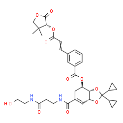 ChemSpider 2D Image | (3aS,4R,7aR)-2,2-Dicyclopropyl-6-({3-[(2-hydroxyethyl)amino]-3-oxopropyl}carbamoyl)-3a,4,5,7a-tetrahydro-1,3-benzodioxol-4-yl 3-(3-{[(3R)-4,4-dimethyl-2-oxotetrahydro-3-furanyl]oxy}-3-oxo-1-propen-1-y
l)benzoate | C35H42N2O11