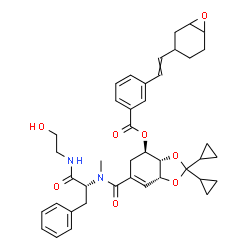 ChemSpider 2D Image | (3aS,4R,7aR)-2,2-Dicyclopropyl-6-[{(2R)-1-[(2-hydroxyethyl)amino]-1-oxo-3-phenyl-2-propanyl}(methyl)carbamoyl]-3a,4,5,7a-tetrahydro-1,3-benzodioxol-4-yl 3-[2-(7-oxabicyclo[4.1.0]hept-3-yl)vinyl]benzoa
te | C41H48N2O8