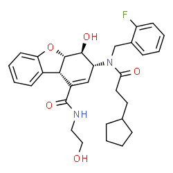ChemSpider 2D Image | (3R,4S,4aS,9bS)-3-[(3-Cyclopentylpropanoyl)(2-fluorobenzyl)amino]-4-hydroxy-N-(2-hydroxyethyl)-3,4,4a,9b-tetrahydrodibenzo[b,d]furan-1-carboxamide | C30H35FN2O5