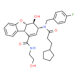 ChemSpider 2D Image | (3R,4S,4aS,9bS)-3-[(3-Cyclopentylpropanoyl)(4-fluorobenzyl)amino]-4-hydroxy-N-(2-hydroxyethyl)-3,4,4a,9b-tetrahydrodibenzo[b,d]furan-1-carboxamide | C30H35FN2O5
