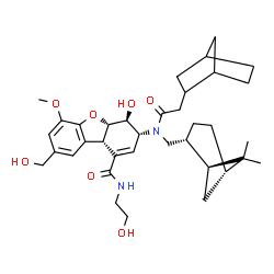 ChemSpider 2D Image | (3R,4S,4aS,9bS)-3-[(Bicyclo[2.2.1]hept-2-ylacetyl){[(1S,2R,5S)-6,6-dimethylbicyclo[3.1.1]hept-2-yl]methyl}amino]-4-hydroxy-N-(2-hydroxyethyl)-8-(hydroxymethyl)-6-methoxy-3,4,4a,9b-tetrahydrodibenzo[b,
d]furan-1-carboxamide | C36H50N2O7