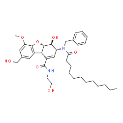 ChemSpider 2D Image | (3R,4S,4aS,9bS)-3-[Benzyl(dodecanoyl)amino]-4-hydroxy-N-(2-hydroxyethyl)-8-(hydroxymethyl)-6-methoxy-3,4,4a,9b-tetrahydrodibenzo[b,d]furan-1-carboxamide | C36H50N2O7