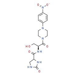 ChemSpider 2D Image | N-{(2S)-3-Hydroxy-1-[4-(4-nitrophenyl)-1-piperazinyl]-1-oxo-2-propanyl}-2-oxo-4-imidazolidinecarboxamide | C17H22N6O6