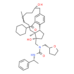 ChemSpider 2D Image | 1-{[(2S,5S,6S,13S)-17-(Cyclohexylcarbonyl)-5,13-dihydroxy-6,10-dimethyltricyclo[13.2.2.0~2,6~]nonadeca-1(17),9,15,18-tetraen-5-yl]methyl}-3-[(1R)-1-phenylethyl]-1-[(2R)-tetrahydro-2-furanylmethyl]urea | C43H60N2O5