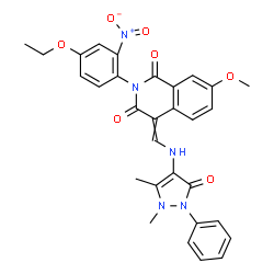 ChemSpider 2D Image | 4-{[(1,5-Dimethyl-3-oxo-2-phenyl-2,3-dihydro-1H-pyrazol-4-yl)amino]methylene}-2-(4-ethoxy-2-nitrophenyl)-7-methoxy-1,3(2H,4H)-isoquinolinedione | C30H27N5O7