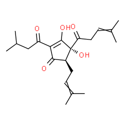ChemSpider 2D Image | (4R,5R)-3,4-Dihydroxy-2-(3-methylbutanoyl)-5-(3-methyl-2-buten-1-yl)-4-(4-methyl-3-pentenoyl)-2-cyclopenten-1-one | C21H30O5