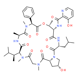 ChemSpider 2D Image | 3-Hydroxy-N-{(6S,9S,12S,15R,16S,19R,23R,24aR)-23-hydroxy-19-isobutyl-2,5,9,11,15-pentamethyl-6-[(2S)-3-methyl-2-butanyl]-1,4,7,10,13,17,20-heptaoxo-12-phenyldocosahydro-1H-pyrrolo[2,1-o][1,4,7,10,13,1
6,19]oxahexaazacyclodocosin-16-yl}-2-pyridinecarboxamide | C44H62N8O11