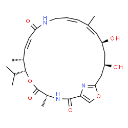 ChemSpider 2D Image | (4R,7R,8R,9Z,14Z,16Z,18S,20R)-18,20-Dihydroxy-7-isopropyl-4,8,16-trimethyl-6,23-dioxa-3,12,25-triazabicyclo[20.2.1]pentacosa-1(24),9,14,16,22(25)-pentaene-2,5,11-trione | C26H37N3O7