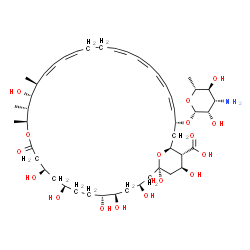 ChemSpider 2D Image | (1R,3S,5R,6R,9R,11R,15S,16R,17R,18S,19Z,33R,35S,36R,37S)-33-[(3-Amino-3,6-dideoxy-beta-D-mannopyranosyl)oxy]-1,3,5,6,9,11,17,37-octahydroxy-15,16,18-trimethyl-13-oxo-14,39-dioxabicyclo[33.3.1]nonatria
conta-19,21,25,27,29,31-hexaene-36-carboxylic acid | C47H75NO17
