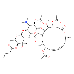 ChemSpider 2D Image | (2S,3S,4R,6S)-6-{[(2R,3S,4S,5R,6S)-5-Acetoxy-6-{[(4R,5S,6S,7R,9R,10R,11Z,13Z,16R)-4,10-diacetoxy-5-methoxy-9,16-dimethyl-2-oxo-7-(2-oxoethyl)oxacyclohexadeca-11,13-dien-6-yl]oxy}-4-(dimethylamino)-2-m
ethyltetrahydro-2H-pyran-3-yl]oxy}-4-hydroxy-2,4-dimethyltetrahydro-2H-pyran-3-yl butanoate (non-preferred name) | C45H71NO17