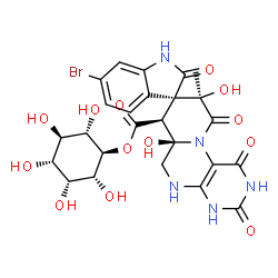 ChemSpider 2D Image | (1R,2R,3R,4R,5R,6S)-2,3,4,5,6-Pentahydroxycyclohexyl (3S,6a'R,7'S,9'R)-6-bromo-6a',9'-dihydroxy-9'-methyl-1',2,3',10'-tetraoxo-1,1',2,2',3',4',5',6',6a',7',9',10'-dodecahydrospiro[indole-3,8'-pyrido[1
,2-f]pteridine]-7'-carboxylate | C25H26BrN5O13