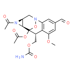 ChemSpider 2D Image | (8R,9R,10S,12S)-11-Acetyl-8-[(carbamoyloxy)methyl]-4-formyl-6-methoxy-14-oxa-1,11-diazatetracyclo[7.4.1.0~2,7~.0~10,12~]tetradeca-2,4,6-trien-9-yl acetate | C19H21N3O8