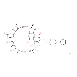 ChemSpider 2D Image | (7S,9Z,11S,12R,13S,14R,15R,16R,17S,18S,19Z,21Z)-26-{(E)-[(4-Cyclopentyl-1-piperazinyl)imino]methyl}-2,15,17,27,29-pentahydroxy-11-methoxy-3,7,12,14,16,18,22-heptamethyl-6,23-dioxo-8,30-dioxa-24-azatet
racyclo[23.3.1.1~4,7~.0~5,28~]triaconta-1(28),2,4,9,19,21,25(29),26-octaen-13-yl acetate hydrochloride (1:1) | C47H65ClN4O12