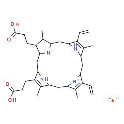 ChemSpider 2D Image | Iron(2+) 2,18-bis(2-carboxyethyl)-3,8,13,17-tetramethyl-7,12-divinyl-1,2,3,4,5,6,9,10,11,14,15,16,19,20-tetradecahydroporphyrin-21,23-diide | C34H48FeN4O4