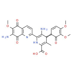ChemSpider 2D Image | 5-Amino-6-(7-amino-6-methoxy-5,8-dioxo-5,8-dihydro-2-quinolinyl)-4-(4,5-dimethoxy-6-oxo-2,4-cyclohexadien-1-ylidene)-3-methyl-1,4-dihydro-2-pyridinecarboxylic acid | C25H22N4O8