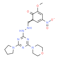 ChemSpider 2D Image | 2-Methoxy-6-({2-[4-(4-morpholinyl)-6-(1-pyrrolidinyl)-1,3,5-triazin-2-yl]hydrazino}methylene)-4-nitro-2,4-cyclohexadien-1-one | C19H24N8O5