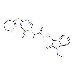 ChemSpider 2D Image | N'-(1-Ethyl-2-oxo-1,2-dihydro-3H-indol-3-ylidene)-2-(4-oxo-5,6,7,8-tetrahydro[1]benzothieno[2,3-d]pyrimidin-3(4H)-yl)propanehydrazide | C23H23N5O3S