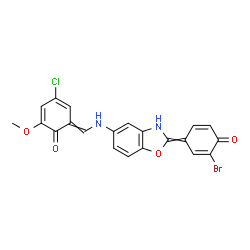 ChemSpider 2D Image | 6-({[2-(3-Bromo-4-oxo-2,5-cyclohexadien-1-ylidene)-2,3-dihydro-1,3-benzoxazol-5-yl]amino}methylene)-4-chloro-2-methoxy-2,4-cyclohexadien-1-one | C21H14BrClN2O4