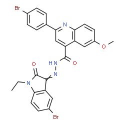 ChemSpider 2D Image | N'-(5-Bromo-1-ethyl-2-oxo-1,2-dihydro-3H-indol-3-ylidene)-2-(4-bromophenyl)-6-methoxy-4-quinolinecarbohydrazide | C27H20Br2N4O3