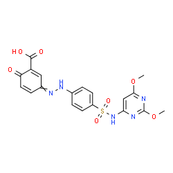 ChemSpider 2D Image | 3-({4-[(2,6-Dimethoxy-4-pyrimidinyl)sulfamoyl]phenyl}hydrazono)-6-oxo-1,4-cyclohexadiene-1-carboxylic acid | C19H17N5O7S