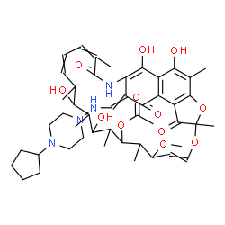 ChemSpider 2D Image | 26-{[(4-Cyclopentyl-1-piperazinyl)amino]methylene}-2,15,17,29-tetrahydroxy-11-methoxy-3,7,12,14,16,18,22-heptamethyl-6,23,27-trioxo-8,30-dioxa-24-azatetracyclo[23.3.1.1~4,7~.0~5,28~]triaconta-1(28),2,
4,9,19,21,25(29)-heptaen-13-yl acetate | C47H64N4O12