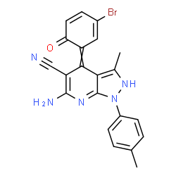ChemSpider 2D Image | 6-Amino-4-(3-bromo-6-oxo-2,4-cyclohexadien-1-ylidene)-3-methyl-1-(4-methylphenyl)-2,4-dihydro-1H-pyrazolo[3,4-b]pyridine-5-carbonitrile | C21H16BrN5O
