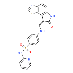 ChemSpider 2D Image | 4-{[(7-Oxo-6,7-dihydro-8H-[1,3]thiazolo[5,4-e]indol-8-ylidene)methyl]amino}-N-(2-pyridinyl)benzenesulfonamide | C21H15N5O3S2