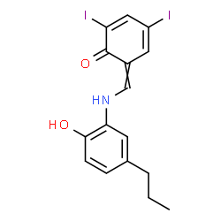 ChemSpider 2D Image | 6-{[(2-Hydroxy-5-propylphenyl)amino]methylene}-2,4-diiodo-2,4-cyclohexadien-1-one | C16H15I2NO2