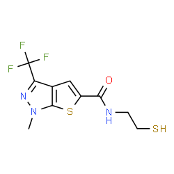 ChemSpider 2D Image | 1-Methyl-N-(2-sulfanylethyl)-3-(trifluoromethyl)-1H-thieno[2,3-c]pyrazole-5-carboxamide | C10H10F3N3OS2