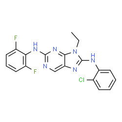 ChemSpider 2D Image | N~8~-(2-Chlorophenyl)-N~2~-(2,6-difluorophenyl)-9-ethyl-9H-purine-2,8-diamine | C19H15ClF2N6
