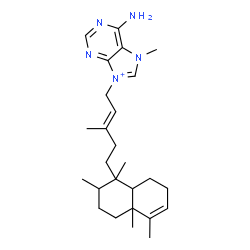 ChemSpider 2D Image | 6-Amino-7-methyl-9-[(2E)-3-methyl-5-(1,2,4a,5-tetramethyl-1,2,3,4,4a,7,8,8a-octahydro-1-naphthalenyl)-2-penten-1-yl]-7H-purin-9-ium | C26H40N5
