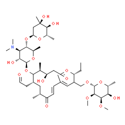 ChemSpider 2D Image | [(2R,4E,6E,9R,11R,13S,14R)-12-{[3,6-Dideoxy-4-O-(2,6-dideoxy-3-C-methyl-alpha-L-ribo-hexopyranosyl)-3-(dimethylamino)-beta-D-glucopyranosyl]oxy}-2-ethyl-14-hydroxy-5,9,13-trimethyl-8,16-dioxo-11-(2-ox
oethyl)oxacyclohexadeca-4,6-dien-3-yl]methyl 6-deoxy-2,3-di-O-methyl-beta-D-allopyranoside | C46H77NO17