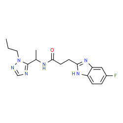 ChemSpider 2D Image | 3-(5-Fluoro-1H-benzimidazol-2-yl)-N-[1-(1-propyl-1H-1,2,4-triazol-5-yl)ethyl]propanamide | C17H21FN6O