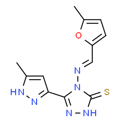 ChemSpider 2D Image | 4-{(E)-[(5-Methyl-2-furyl)methylene]amino}-5-(5-methyl-1H-pyrazol-3-yl)-2,4-dihydro-3H-1,2,4-triazole-3-thione | C12H12N6OS