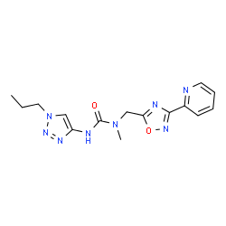 ChemSpider 2D Image | 1-Methyl-3-(1-propyl-1H-1,2,3-triazol-4-yl)-1-{[3-(2-pyridinyl)-1,2,4-oxadiazol-5-yl]methyl}urea | C15H18N8O2