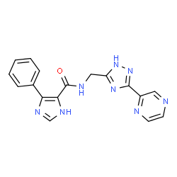 ChemSpider 2D Image | 4-Phenyl-N-{[3-(2-pyrazinyl)-1H-1,2,4-triazol-5-yl]methyl}-1H-imidazole-5-carboxamide | C17H14N8O