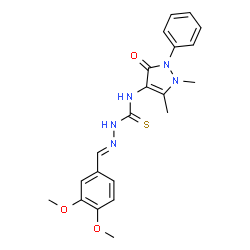 ChemSpider 2D Image | (2E)-2-(3,4-Dimethoxybenzylidene)-N-(1,5-dimethyl-3-oxo-2-phenyl-2,3-dihydro-1H-pyrazol-4-yl)hydrazinecarbothioamide | C21H23N5O3S