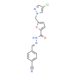 ChemSpider 2D Image | 5-[(4-Chloro-1H-pyrazol-1-yl)methyl]-N'-[(E)-(4-cyanophenyl)methylene]-2-furohydrazide | C17H12ClN5O2