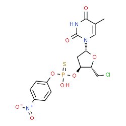 ChemSpider 2D Image | 5'-Chloro-5'-deoxy-3'-O-[hydroxy(4-nitrophenoxy)phosphorothioyl]thymidine | C16H17ClN3O8PS