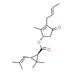 ChemSpider 2D Image | (1S)-3-[(2E)-2-Buten-1-yl]-2-methyl-4-oxo-2-cyclopenten-1-yl-(1R,3R)-2,2-dimethyl-3-(2-methyl-1-propen-1-yl)cyclopropancarboxylat | C20H28O3