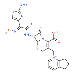ChemSpider 2D Image | 1-{[(6R,7R)-7-{[(2E)-2-(2-Amino-1,3-thiazol-4-yl)-2-(methoxyimino)acetyl]amino}-2-carboxy-8-oxo-5-thia-1-azabicyclo[4.2.0]oct-2-en-3-yl]methyl}-6,7-dihydro-5H-cyclopenta[b]pyridinium | C22H23N6O5S2