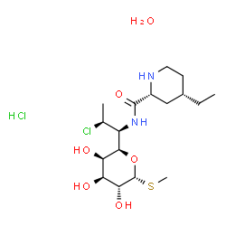 ChemSpider 2D Image | Methyl (5R)-5-[(1S,2S)-2-chloro-1-({[(2R,4S)-4-ethyl-2-piperidinyl]carbonyl}amino)propyl]-1-thio-beta-L-arabinopyranoside hydrochloride hydrate | C17H34Cl2N2O6S