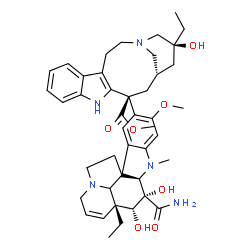 ChemSpider 2D Image | Methyl (13S,15S,17S)-13-[(2beta,3beta,4beta,5alpha,19xi)-3-carbamoyl-3,4-dihydroxy-16-methoxy-1-methyl-6,7-didehydroaspidospermidin-15-yl]-17-ethyl-17-hydroxy-1,11-diazatetracyclo[13.3.1.0~4,12~.0~5,1
0~]nonadeca-4(12),5,7,9-tetraene-13-carboxylate | C43H55N5O7