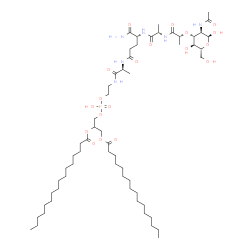 ChemSpider 2D Image | (2R,5S,8R,13S)-2-{[(2S,3R,4R,5S,6R)-3-Acetamido-2,5-dihydroxy-6-(hydroxymethyl)tetrahydro-2H-pyran-4-yl]oxy}-8-carbamoyl-19-hydroxy-5,13-dimethyl-19-oxido-3,6,11,14,25-pentaoxo-18,20,24-trioxa-4,7,12,
15-tetraaza-19lambda~5~-phosphatetracontan-22-yl hexadecanoate | C59H109N6O19P