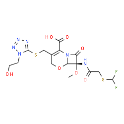 ChemSpider 2D Image | (7R)-7-({[(Difluoromethyl)sulfanyl]acetyl}amino)-3-({[1-(2-hydroxyethyl)-1H-tetrazol-5-yl]sulfanyl}methyl)-7-methoxy-8-oxo-5-oxa-1-azabicyclo[4.2.0]oct-2-ene-2-carboxylic acid | C15H18F2N6O7S2