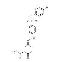 ChemSpider 2D Image | (3E)-3-({4-[(6-Methoxy-3-pyridazinyl)sulfamoyl]phenyl}hydrazono)-6-oxo-1,4-cyclohexadiene-1-carboxylic acid | C18H15N5O6S