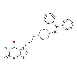 ChemSpider 2D Image | 7-{3-[4-(Diphenylmethoxy)-1-piperidinyl]propyl}-1,3-dimethyl-3,7-dihydro-1H-purine-2,6-dione | C28H33N5O3